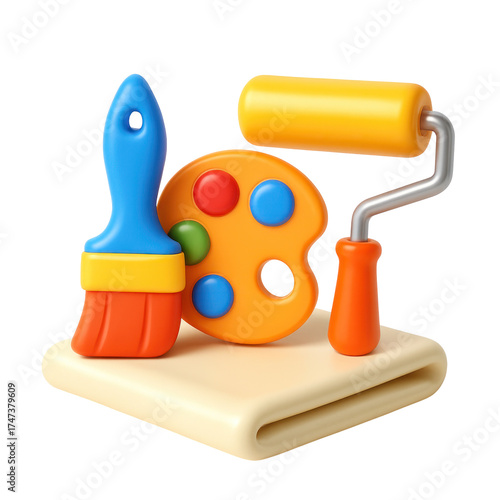 3D Plastic Style Painting Icon Featuring Paintbrush Roller and Palette with Colorful Paints on White Canvas