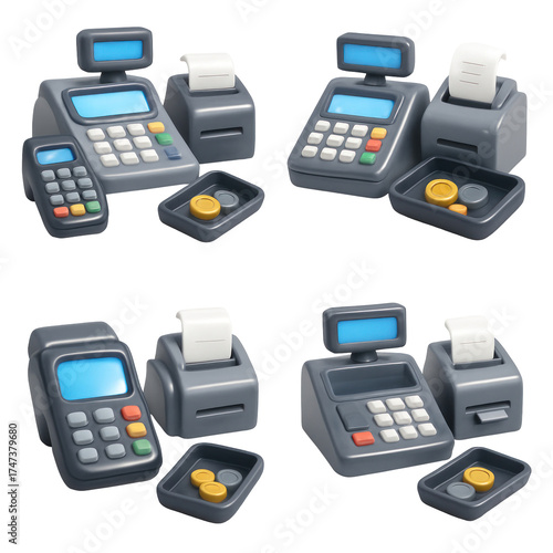 3D Plastic Icon Style Cash Registers Set with Various Payment Options and Coins Isolated on Transparent Background