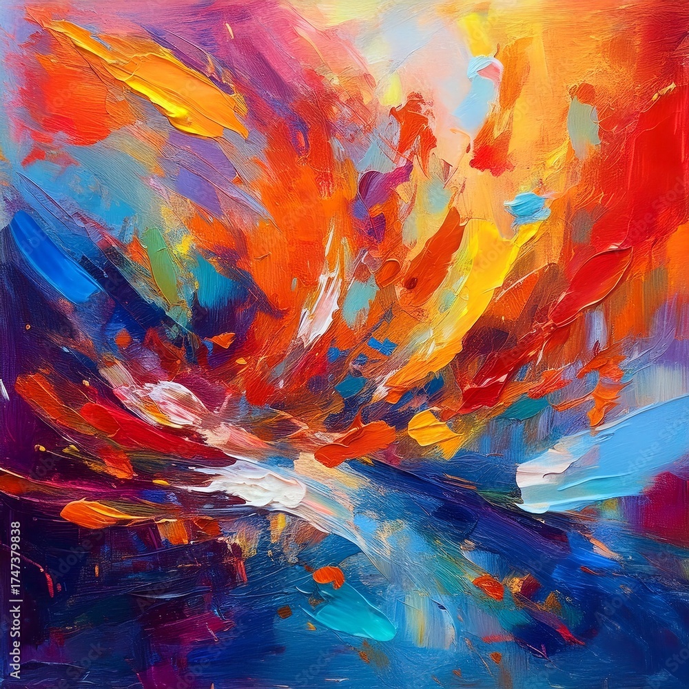 Obraz premium Here's a description and keywords:Vibrant abstract painting, showcasing a burst of colors like a sunset. Brushstrokes create movement and energy, with warm hues dominating, suggesting joy. A stunnin