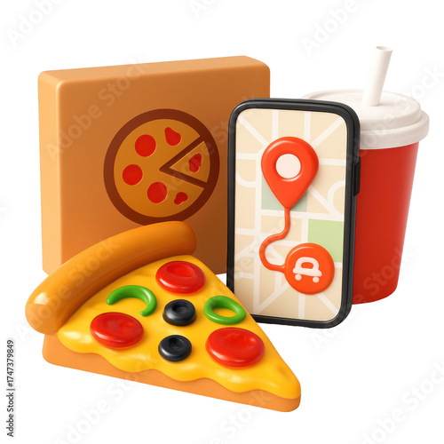 3D Plastic Icon Style Pizza Delivery Meal Order Displaying Pizza Slice Pizza Box Smartphone Map and Drink