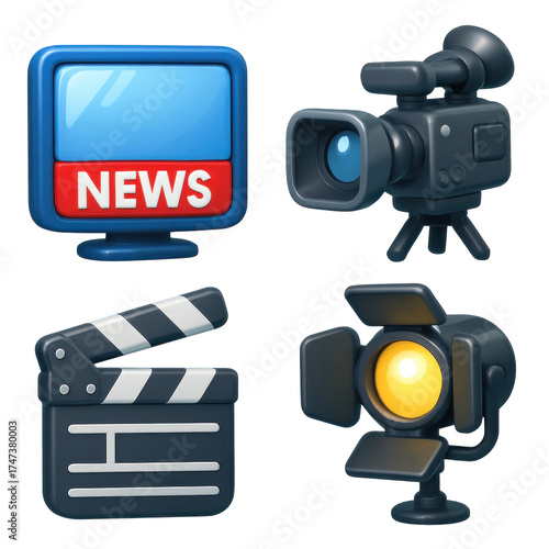 3D Plastic Icon Style Set Featuring Television Camera Clapperboard and Spotlight on Transparent Background