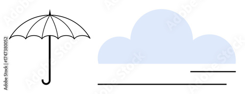 Black umbrella paired with light blue cloud illustration, emphasizing weather and safety. Ideal for insurance, weather, security, climate change, planning, comfort, minimal flat metaphor