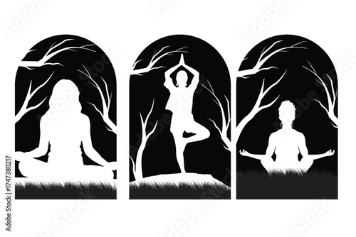 Vector illustration of people doing yoga and meditation in nature with tree branch frame. Minimalist black and white silhouette concept for mindfulness, relaxation, and peace.
