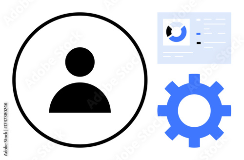User icon in a circle beside a gear and data chart. Ideal for user account setup, personalization, admin panel, settings, analytics, configuration, UX design. Simple flat metaphor