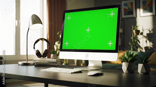 Wallpaper Mural Computer with Green Screen on Desk in Home Office Torontodigital.ca