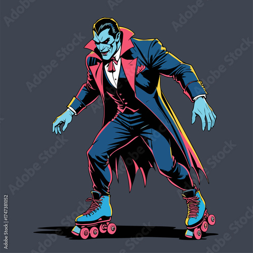 illustration of Dracula rollerblading