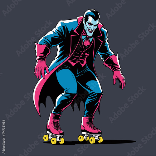 illustration of Dracula rollerblading