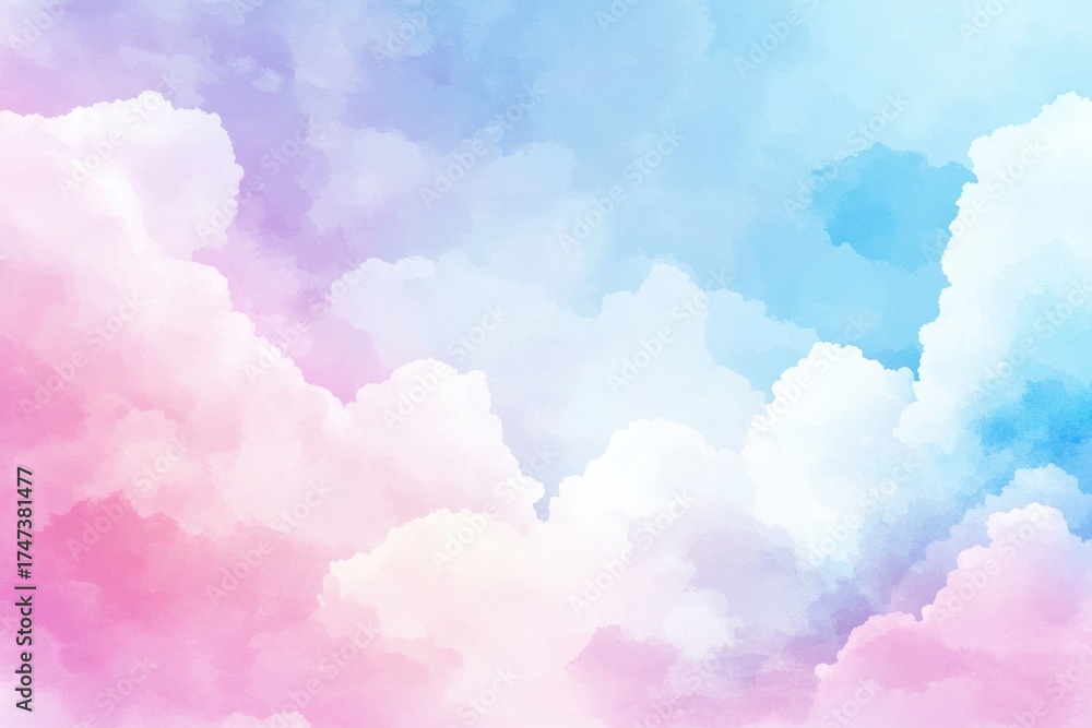 Fototapeta premium Dreamy Pastel Sky with Fluffy Pink and Blue Watercolor Clouds 
