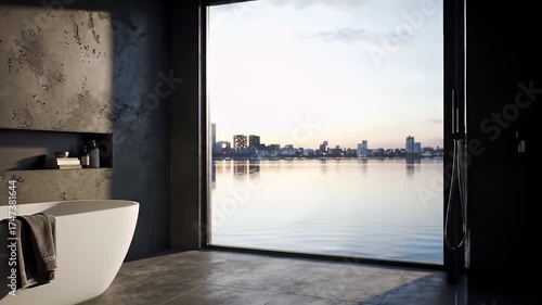 Wallpaper Mural Serene Modern Bathroom with Waterfront City View at Sunset Torontodigital.ca