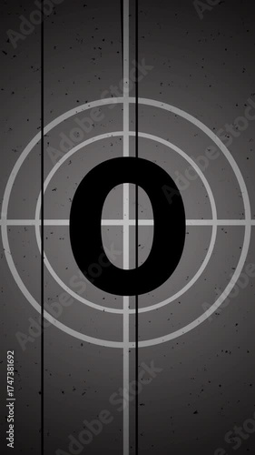 Old film countdown timer animation from 5 to 0 seconds. Vintage movie reel style with noise and scratch texture. Vertical format motion graphic.