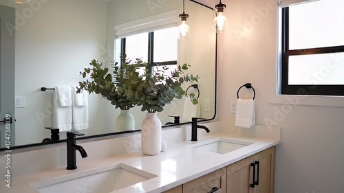 Wallpaper Mural Elegant Bathroom Interior with Double Vanity and Greenery Torontodigital.ca