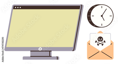 Desktop monitor alongside a clock and malicious email envelope with a skull warning sign. Ideal for cybersecurity, phishing, malware, digital threats, time management, protection awareness, simple