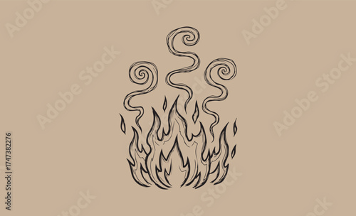Abstract stylized flames and smoke illustration on beige background
