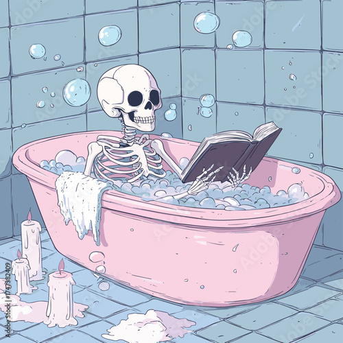 Cartoon skeleton in pink bathtub with bubbles wearing towel reading book surrounded by candles in tiled bathroom , vector style simple color