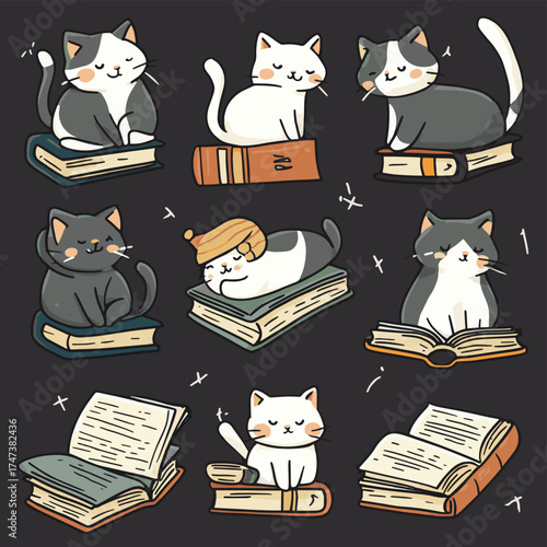 Collection of Cats and Books in Fun Poses , vector style simple color