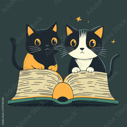 Curious Cats Exploring a Book. Playful Feline Antics , vector style simple color