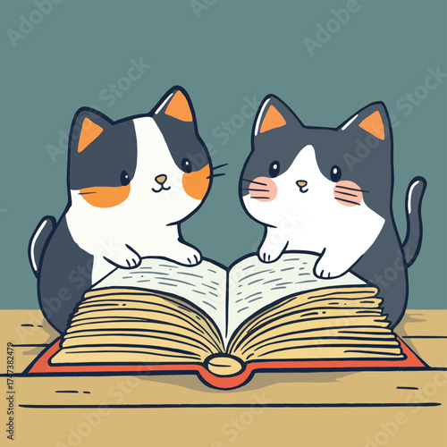 Curious Cats Exploring a Book. Playful Feline Antics , vector style simple color