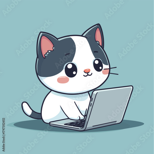 Cartoon Cat Typing on Laptop with Calm Expression , vector style simple color