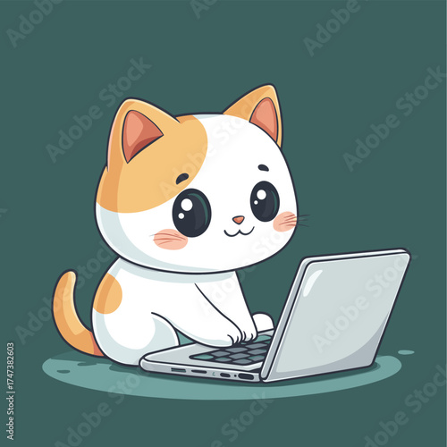 Cartoon Cat Typing on Laptop with Calm Expression , vector style simple color