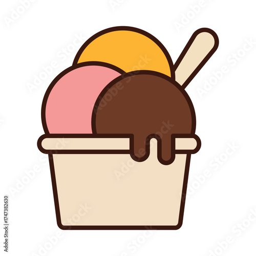Colorful Ice Cream Sundae in Bowl with Chocolate Stick Vector Illustration