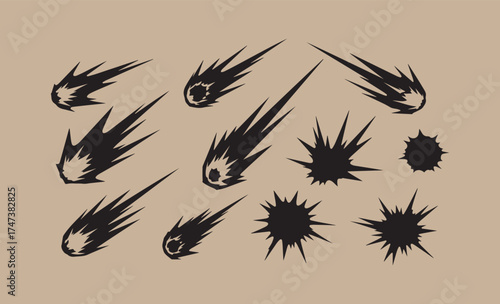 Collection of hand drawn black meteors and explosions on a tan background