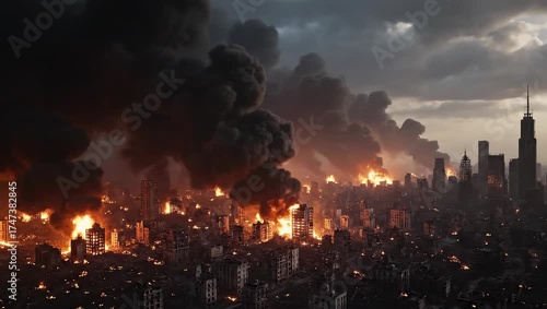 Drone cinematic timelapse of black smoke rising from burning ruins in devastated city.