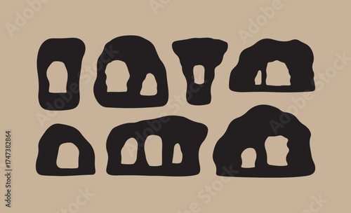 Abstract black silhouettes of arched openings on a beige background