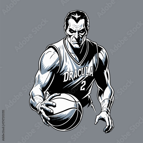 vector illustration of Dracula playing basketball