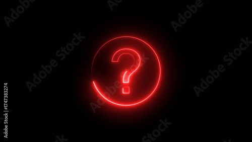 Red color question mark neon bright 4k illustration. Circle frame black background.