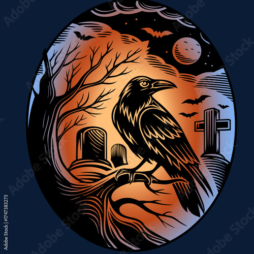 Black raven perched on a tree in a graveyard.