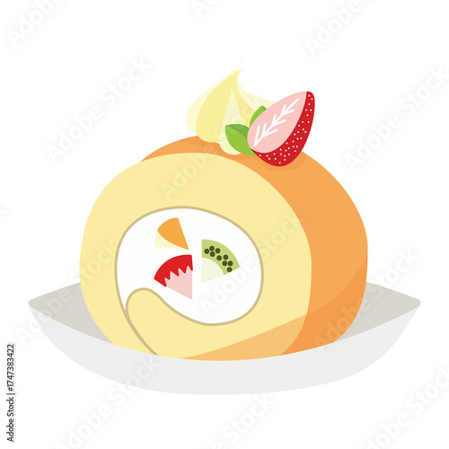 Delicious original Roll Cake with Cream and Strawberry Decoration Vector