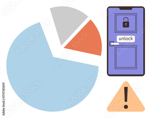 Pie chart in blue, gray, red beside unlocked door with padlock icon and warning triangle. Ideal for security, data protection, access control, analysis, risk assessment, monitoring simple flat