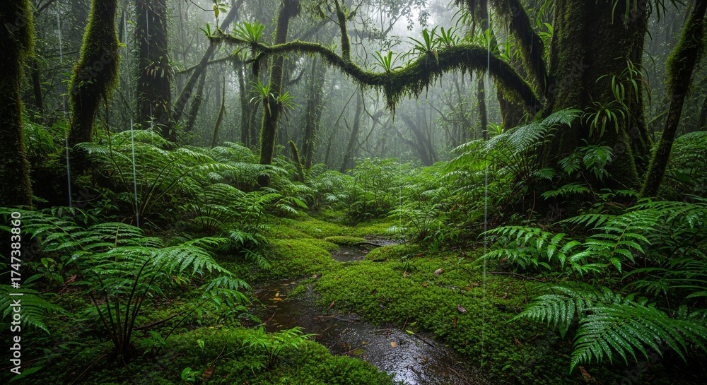 Obraz premium Lush green ferns and moss cover the forest floor, creating a mystical and enchanting atmosphere in the dense, verdant woodland