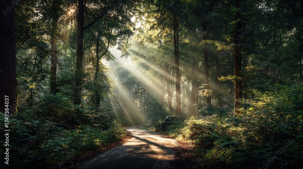 Obraz premium Sunbeams Streaming Through a Dense Forest Canopy Illuminating a Path in a Serene Woodland Environment
