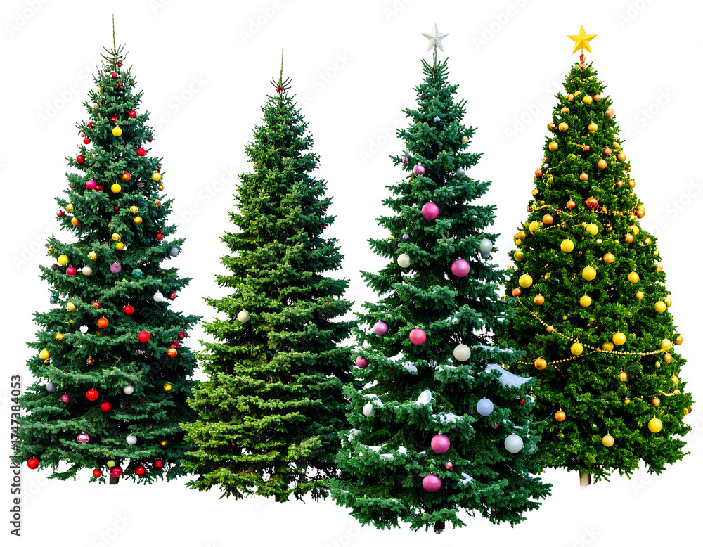 Fototapeta premium Set of Festive Christmas Trees with Pine Needles and Ornaments, Ready for Holiday Decoration, Isolated on Transparent Background, PNG
