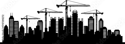 City skyline silhouette with cranes and skyscrapers at sunset — industrial urban growth and architecture background