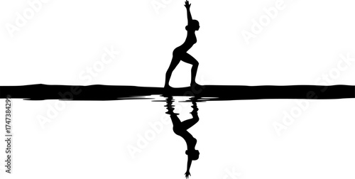 Yoga silhouette of woman on beach at sunrise with reflection — mindfulness, health, and balance lifestyle image