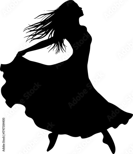 Elegant woman silhouette dancing on hill at sunset with flowing dress and colorful sky for lifestyle and design backgrounds