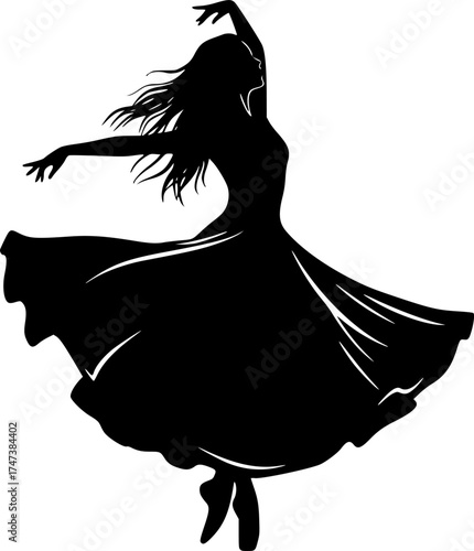 Elegant woman silhouette dancing on hill at sunset with flowing dress and colorful sky for lifestyle and design backgrounds