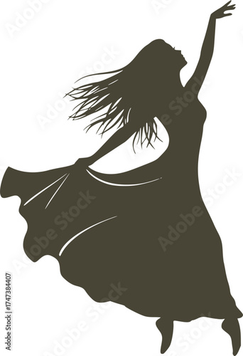 Elegant woman silhouette dancing on hill at sunset with flowing dress and colorful sky for lifestyle and design backgrounds