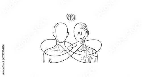 Vector line drawing depicting human and ai figures connected with brain icon above them in white