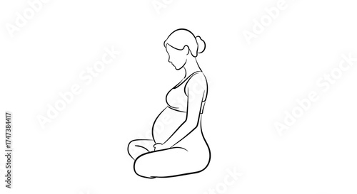 Vector line drawing of a pregnant woman sitting in a cross legged position with her hands on her belly