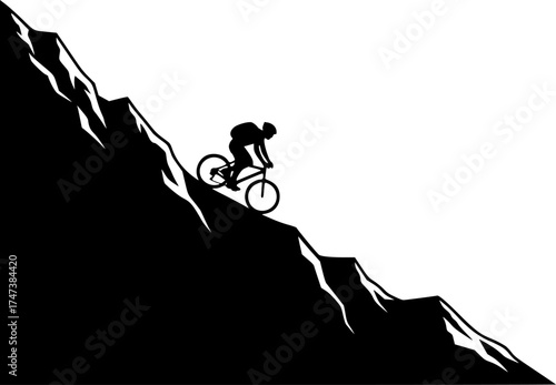 Mountain biker silhouette at sunrise with glowing sky and ridge outline for travel and adventure design use