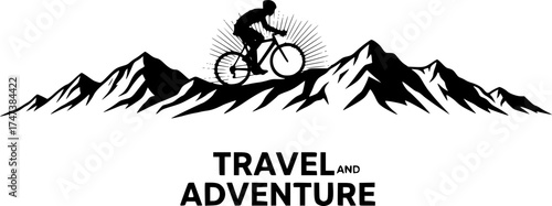 Mountain biker silhouette at sunrise with glowing sky and ridge outline for travel and adventure design use