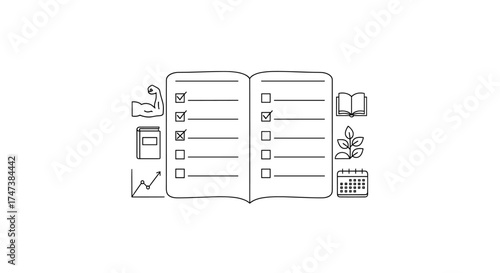 Vector open book with checklist and various icons including plants, calendar and business chart around it