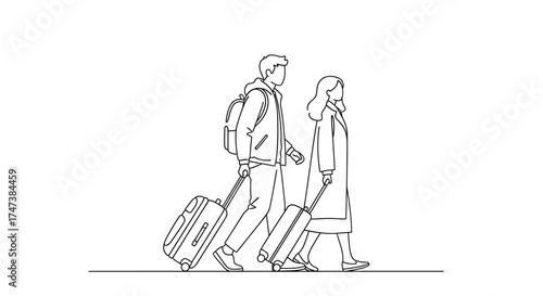 Vector line art illustration of a couple traveling with suitcases, walking side by side on a trip
