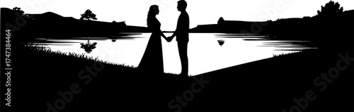 Romantic couple silhouette under moonlight near lake with reflection — cinematic love and night photography concept