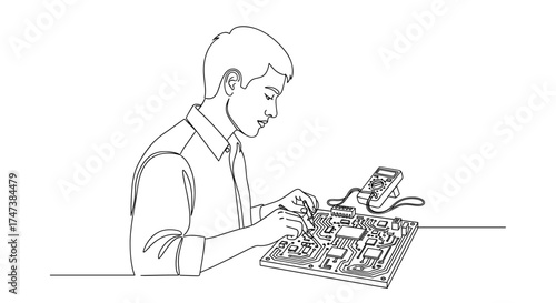 Vector continuous line drawing of engineer repairing a circuit board with a multimeter device nearby