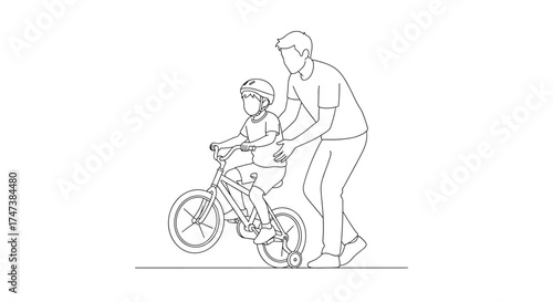 Vector line drawing of a man teaching a child to ride a bicycle with training wheels outdoors today