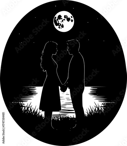 Romantic couple silhouette under moonlight near lake with reflection — cinematic love and night photography concept